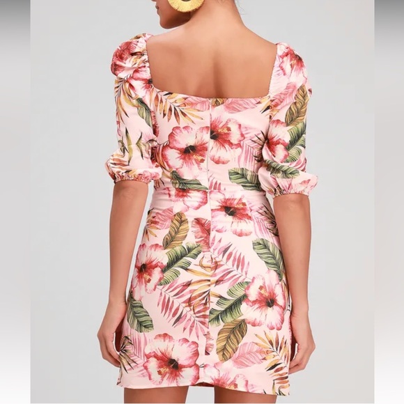 Lulu’s Zaliki Pink Tropical Print Tie-Front Puff Sleeve Mini Dress - Picture 16 of 16